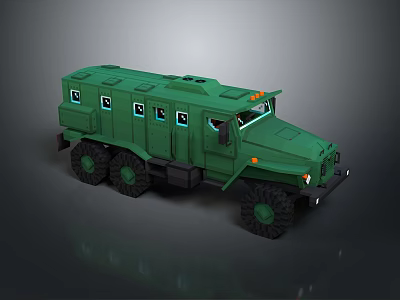 Green Military Vehicle With Six Wheels Armored Body Windows And Front Lights 3d model