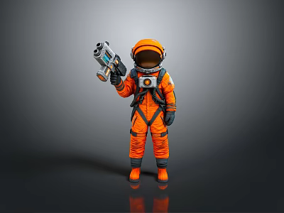 Astronaut In Orange Spacesuit Holding Futuristic Device On Gray Backdrop 3d model