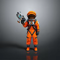 Astronaut In Orange Spacesuit Holding Futuristic Device On Gray Backdrop
