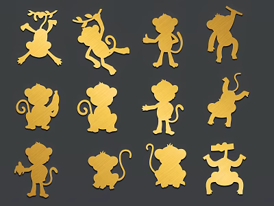 Set of Golden Monkey Silhouettes in Various Poses on Gray Background 3d model