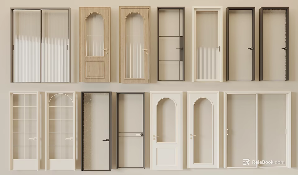 Various Hinged Doors With Arched Simple Styles Wooden Glass Paneled Beige White Dark Colors 3d model 