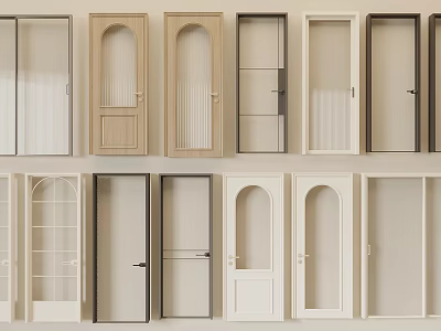 Various Hinged Doors With Arched Simple Styles Wooden Glass Paneled Beige White Dark Colors 3d model