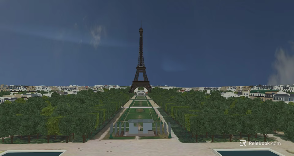Scenic Eiffel Tower Landscape With Blue Sky Green Gardens And Neat Path 3d model 