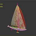 Sailboat Model With Red and Gray Sails Wooden Hull and Red Stand on Gray Background