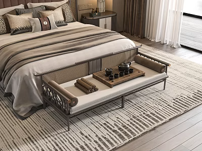 Cozy Bedroom Interior Featuring Comfortable Bed Rattan Bench With Tray Tea Set And Patterned Pillows 3d model