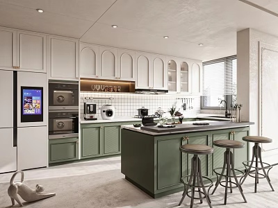 Modern Kitchen With White Green Cabinets Island Counter Appliances And Stools 3d model