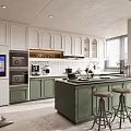 Modern Kitchen With White Green Cabinets Island Counter Appliances And Stools