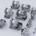 Industrial Equipment Metal Components With Various Winch Assemblies Different Sizes And Mechanical Parts