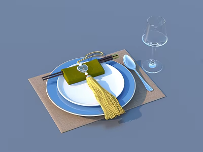 Elegant Dinnerware Set With Blue Plates Chopsticks Spoon Wine Glass And Green Tassel Decor 3d model