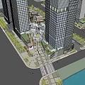Modern Commercial Street With High Rise Buildings Pedestrians Green Trees And Skywalk
