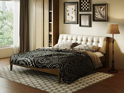 Elegant Double Bed With White Upholstered Headboard Black Patterned Bedspread Floor Lamp And Checkered Rug 3d model