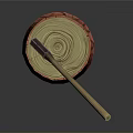 Decorative Axe Weapon With Wooden Handle And Metal Head Embedded In Stripped Red Tree Stump