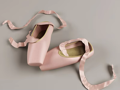 Elegant Pink Satin Ballet Shoes With Long Ribbons For Dance Performance 3d model