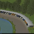 Parking Lot With Canopy Shelters Neatly Arranged Cars Green Trees And Paved Surface