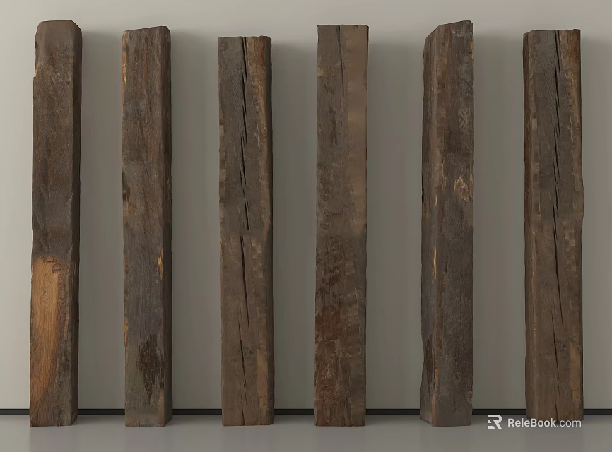 Natural Wooden Posts With Various Textures Arranged Against Wall 3d model