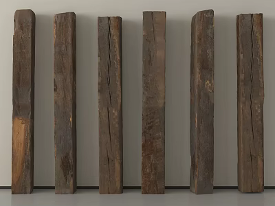 Natural Wooden Posts With Various Textures Arranged Against Wall 3d model