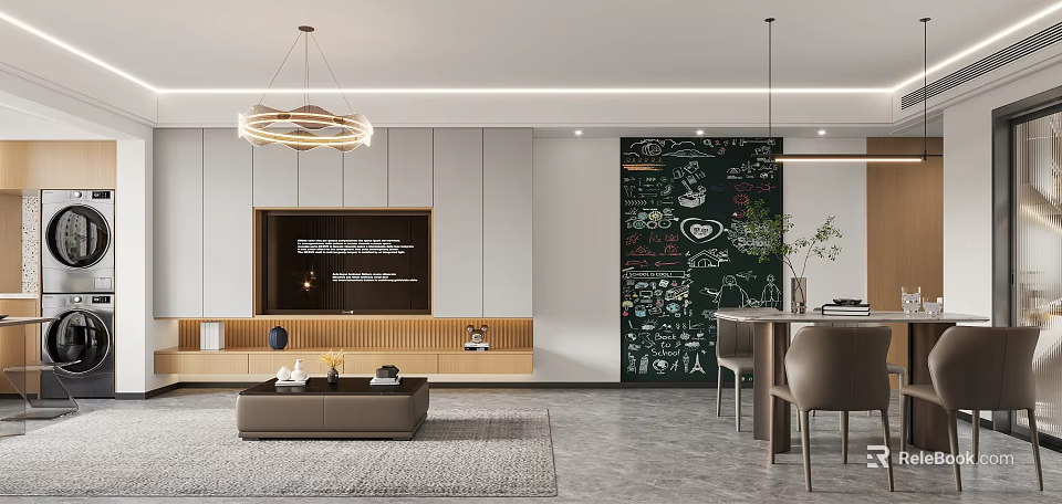 Modern Living and Dining Interior With Pendant Lights TV Wall and Dining Chairs 3d model 