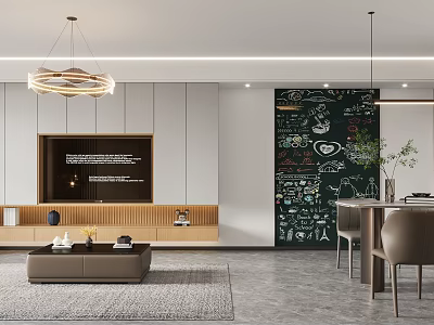 Modern Living and Dining Interior With Pendant Lights TV Wall and Dining Chairs 3d model