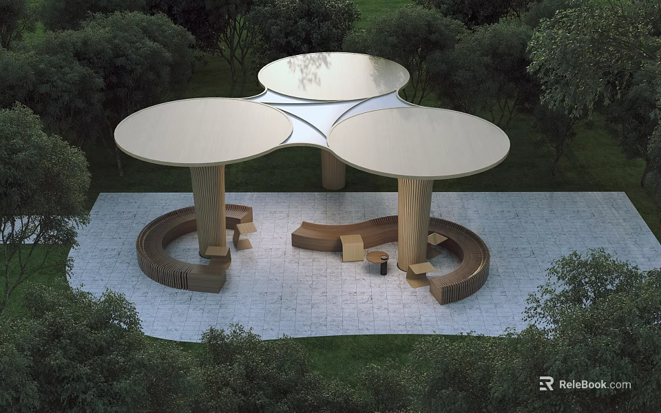 Garden Pergola with Round Canopy Wooden Columns and Circular Seating Surrounded by Trees 3d model 