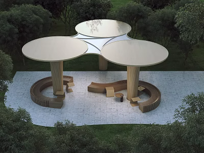 Garden Pergola with Round Canopy Wooden Columns and Circular Seating Surrounded by Trees 3d model