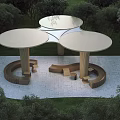 Garden Pergola with Round Canopy Wooden Columns and Circular Seating Surrounded by Trees