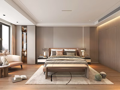 Modern Bedroom Interior With Soft Tones Wooden Bed Bedside Tables And Area Rug 3d model