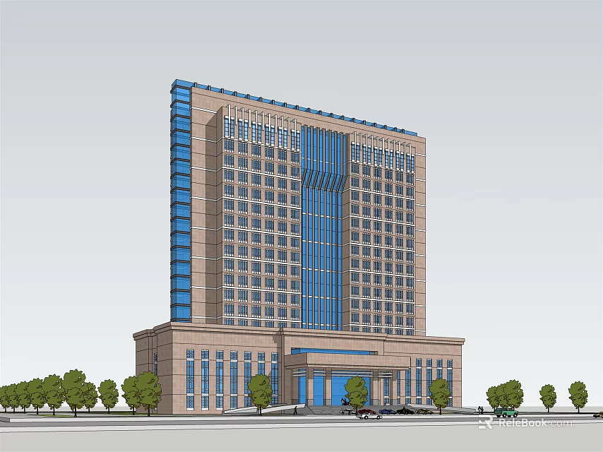 Modern High Rise Office Building With Blue Glass Curtain Walls Brown Base And Trees 3d model 