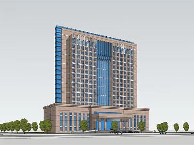 Modern High Rise Office Building With Blue Glass Curtain Walls Brown Base And Trees 3d model