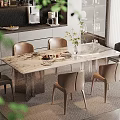 Elegant Modern Marble Dining Table Set With Brown Chairs And Decorative Plants In Interior 3d model
