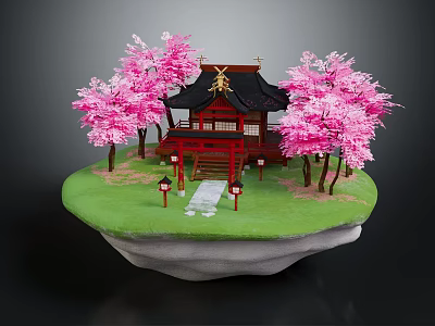 Traditional Japanese Building With Pink Cherry Blossom Trees Green Grass Stone Path and Red Lanterns 3d model