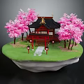 Traditional Japanese Building With Pink Cherry Blossom Trees Green Grass Stone Path and Red Lanterns