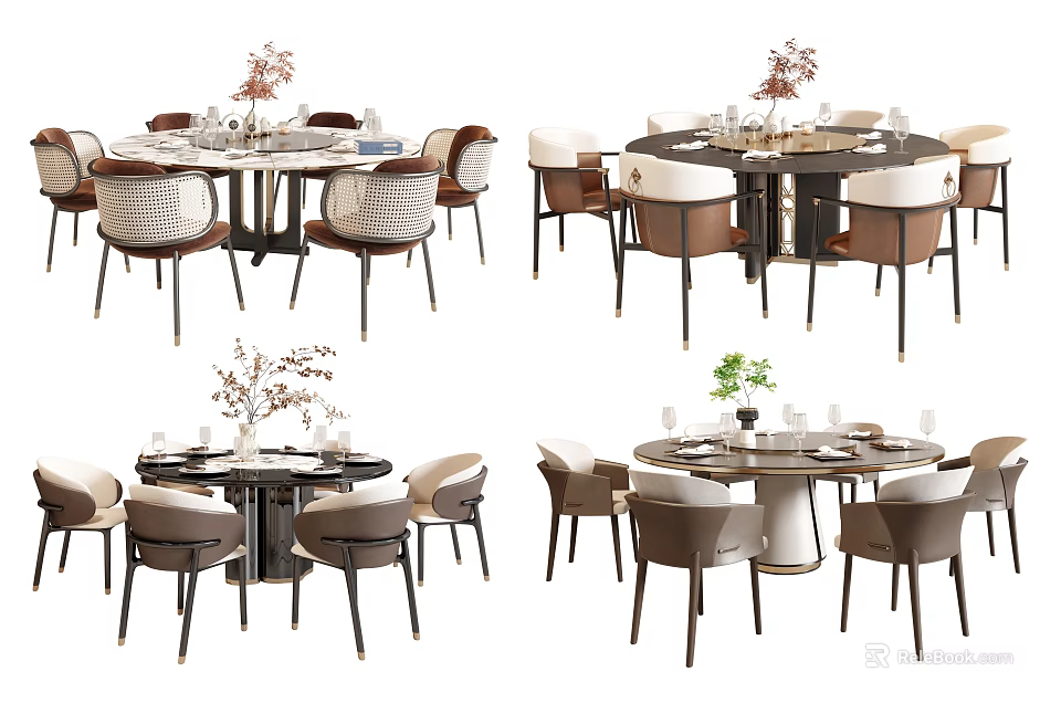 Modern Round Dining Table Set With Elegant Chairs And Decorative Tabletop Elements 3d model