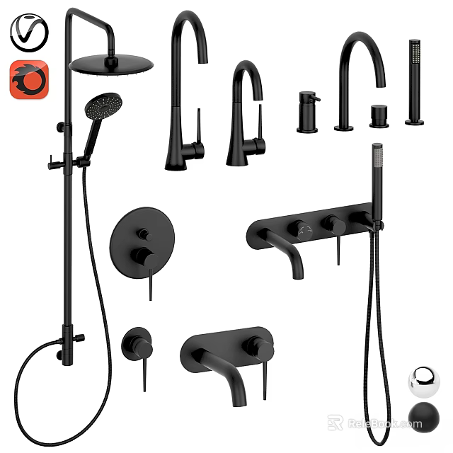 Black Modern Bathroom Kitchen Faucets Shower System with Control Knobs and Fixtures 3d model 