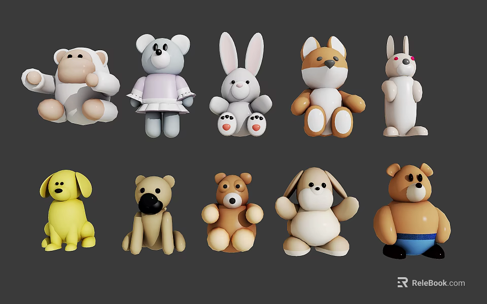 Cute Animal Shaped Plush Toys With Various Colors And Adorable Designs 3d model 
