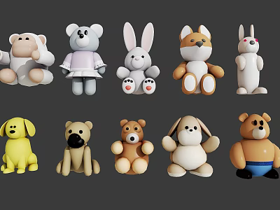 Cute Animal Shaped Plush Toys With Various Colors And Adorable Designs 3d model