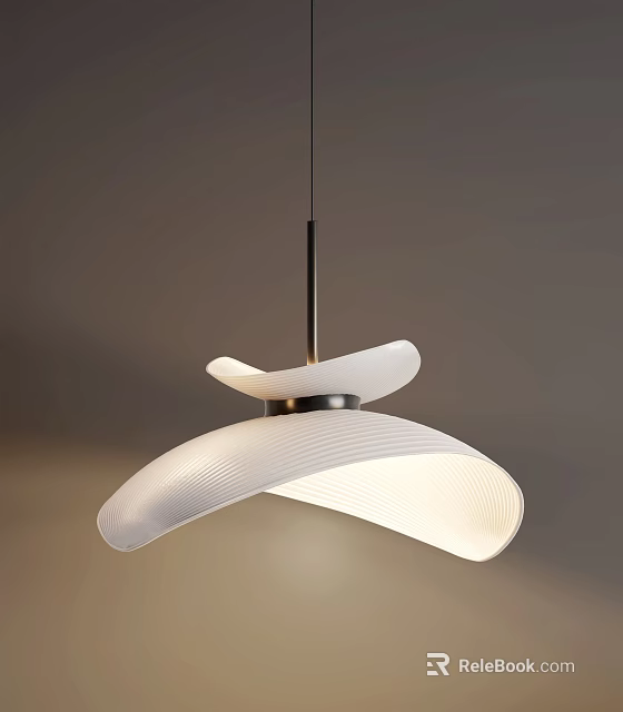 Modern White Curved Pendant Light with Ribbed Shade and Metal Hanging Rod 3d model 