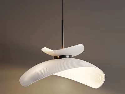 Modern White Curved Pendant Light with Ribbed Shade and Metal Hanging Rod 3d model