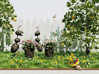 Vibrant Garden With Colorful Flowers Green Grass Decorative Ant Sculptures Trees And Bird 3d model