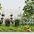 Vibrant Garden With Colorful Flowers Green Grass Decorative Ant Sculptures Trees And Bird