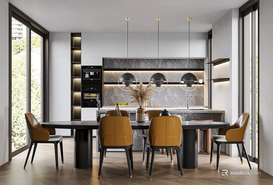 Modern Restaurant Interior With Dining Table Yellow Chairs Pendant Lights And Open Layout 3d model