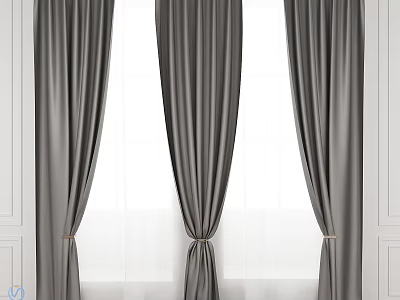 Gray Textured Curtains With Sheer Lining And Tiebacks For White Wall Windows 3d model