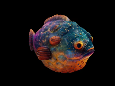 Colorful Blue and Orange Spotted Round Pufferfish as Aquatic Animal with Large Eyes 3d model