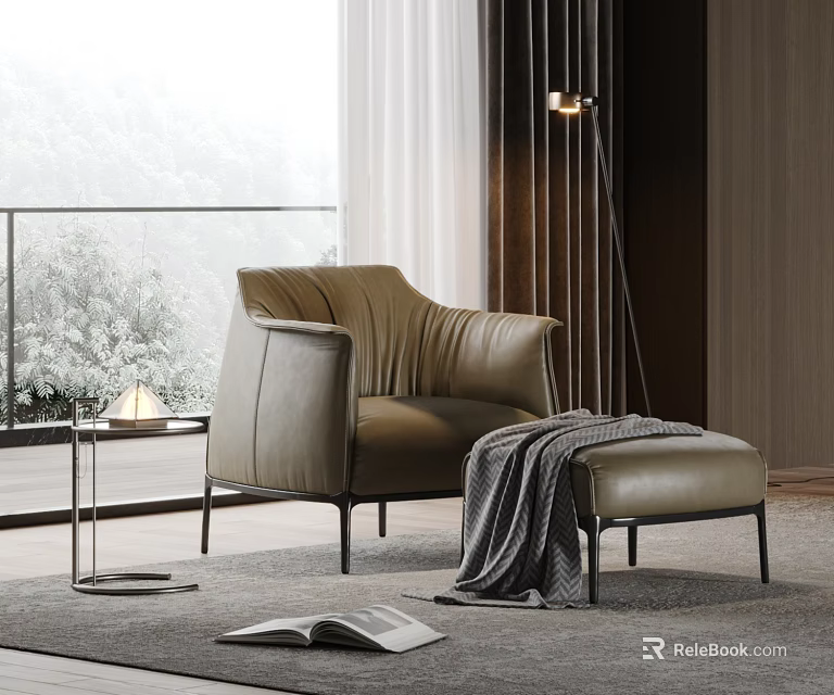 Beige Leisure Chair with Ottoman Grey Blanket Modern Luxury Side Table Lamp Greenery Bright Room 3d model 