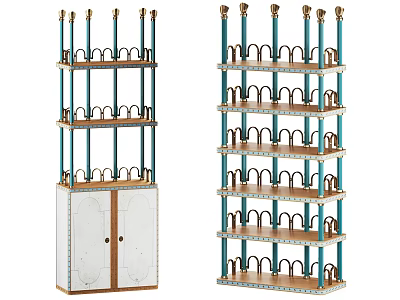 Tall and Short Bookcase with Green Columns Golden Accents Wooden Shelves and White Marble Doors 3d model