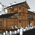 Traditional Two Story Wooden House With Veranda Surrounded by Trees and Wooden Structure