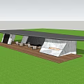 Modern Pergola Outdoor Leisure Space With Wooden Deck White Lounge Chairs And Green Grass