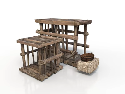 Rustic Wooden Tables With Woven Basket And Natural Craftsmanship Design 3d model