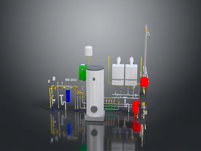 Industrial Equipment Setup With Cylindrical Tanks Pipes Valves And Colored Components 3d model