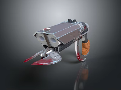 Detailed Metallic Weapon Featuring Double Barreled Structure Orange Grip And Red Liquid At Base 3d model