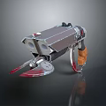 Detailed Metallic Weapon Featuring Double Barreled Structure Orange Grip And Red Liquid At Base
